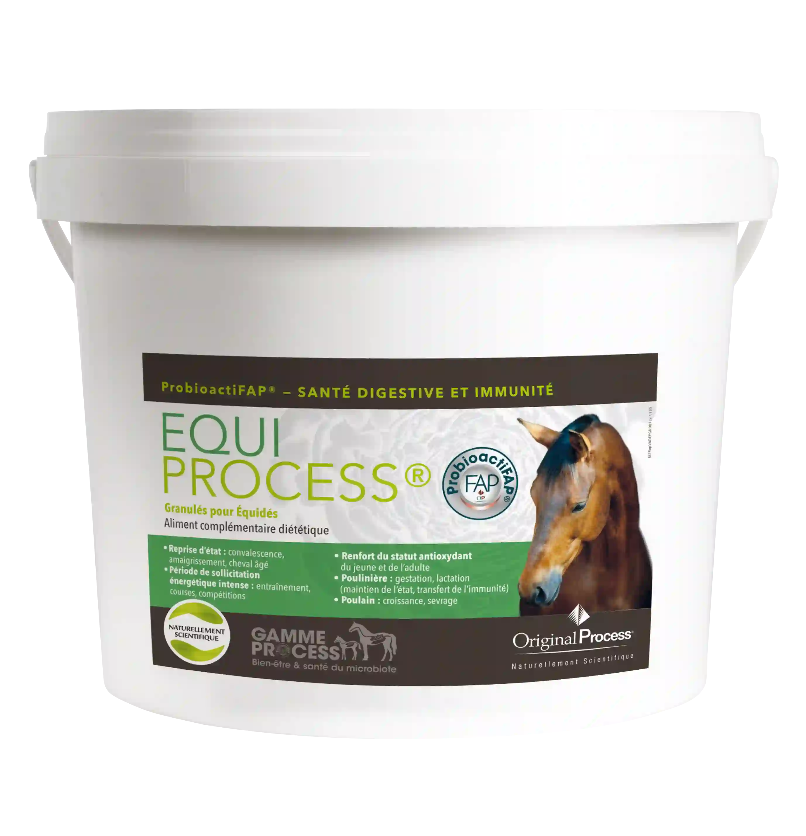 Pot blanc de granulés Equi Process pour la santé digestive et immunité des chevaux avec image de cheval.