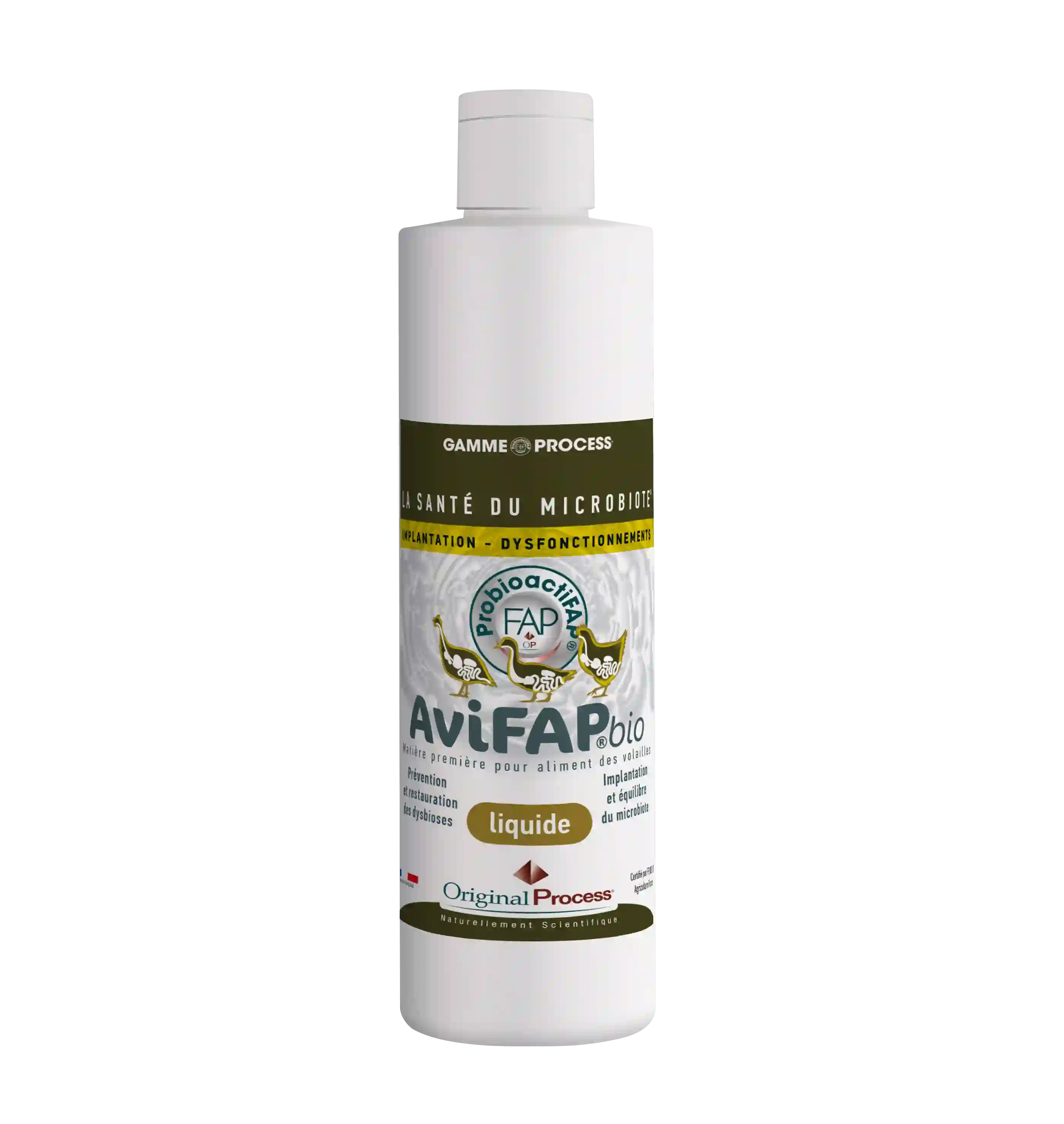 Bouteille blanche d'AviFAP bio liquide pour la santé du microbiote des volailles.