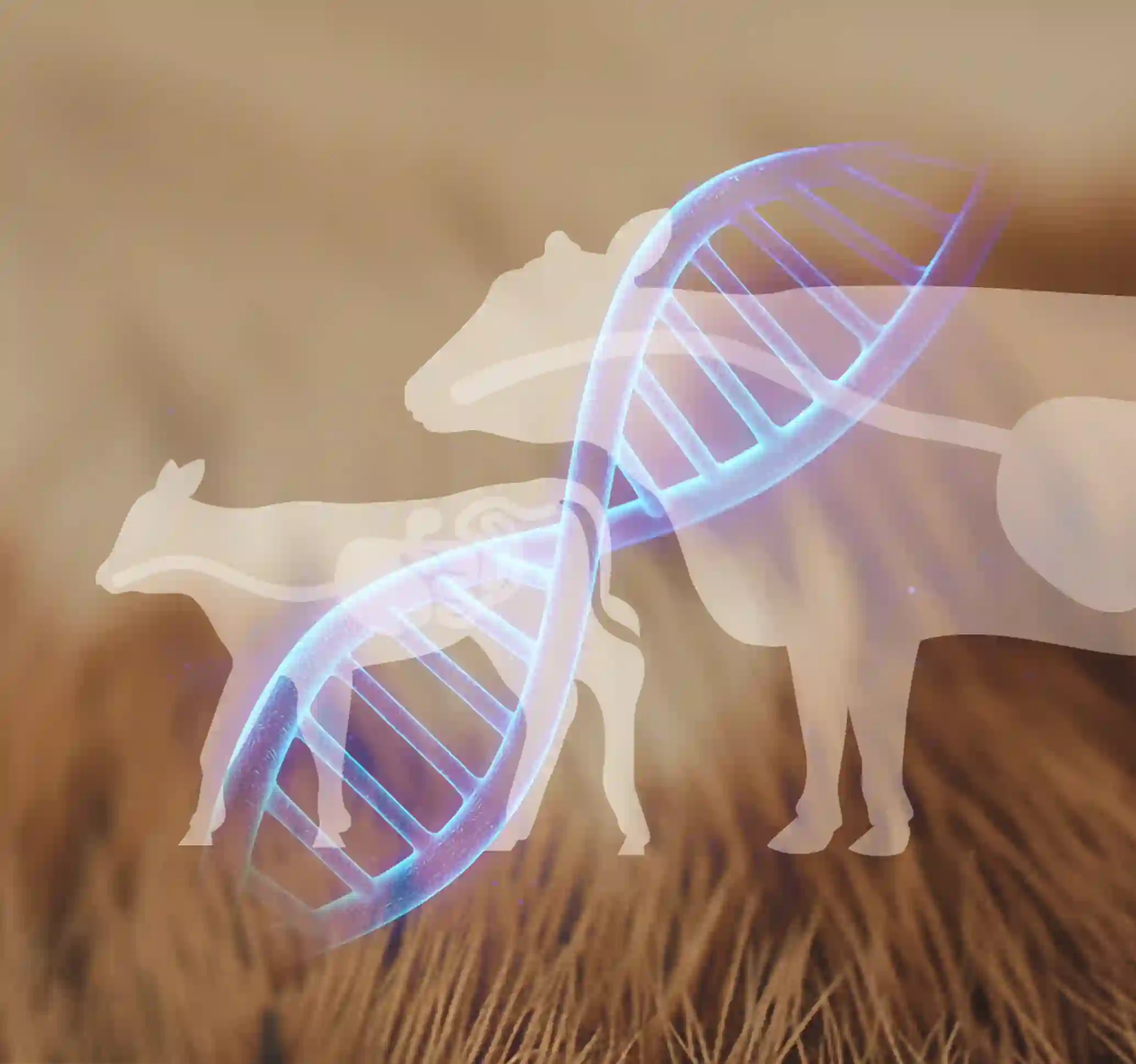 Brins d'ADN bleus superposés à des silhouettes blanches de vache et veau ruminants gamme RUMIFAP
