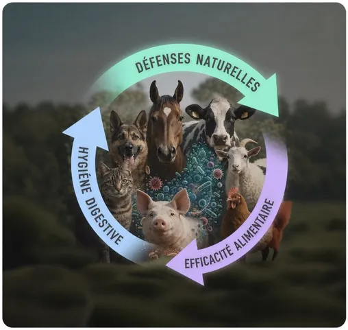 Cycle with natural defenses, digestive hygiene, and food efficiency around farm animals and bacteria.