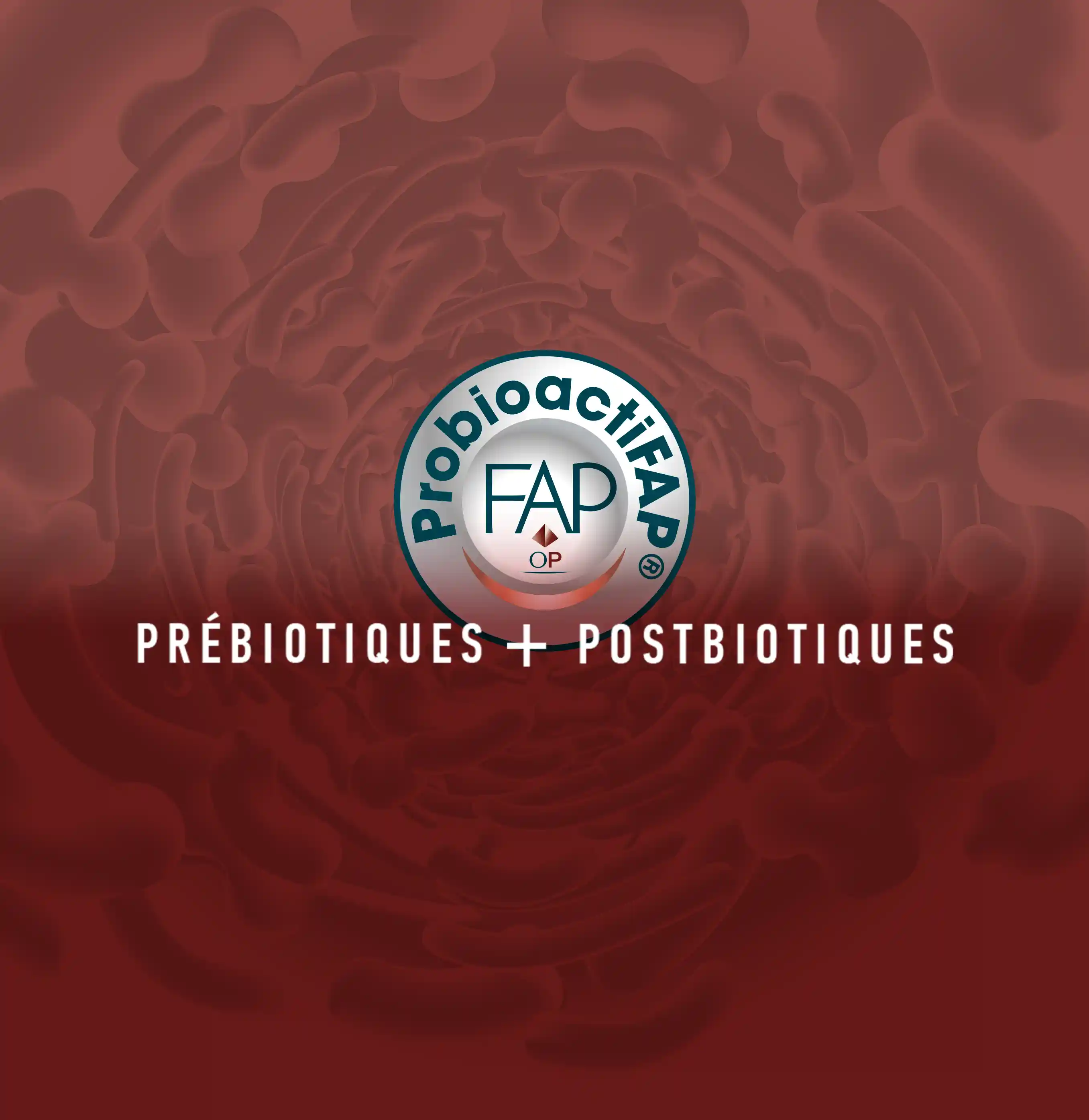 Logo ProbioactiFAP centré sur fond d'illustration microbienne avec texte Prébiotiques + Postbiotiques.