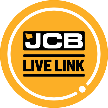 JCB LIVE LINK text in black on orange circle with white ring and dot around it.