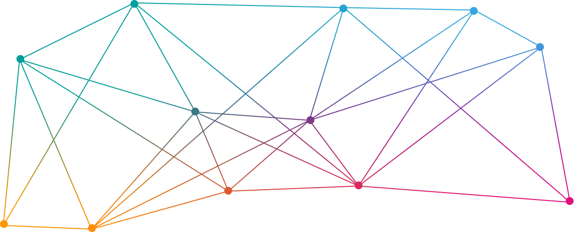Network of multicolored nodes connected by lines forming a geometric web on a black background.