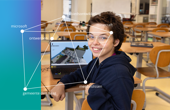 Smiling student with glasses sitting in a classroom at a desk with a laptop displaying a Minecraft city design, overlaid with a network of Dutch words.