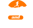 Logo with an orange sun featuring a running person above bold white text 'SWEAT and SAVE' with 'and' in orange.