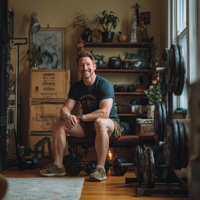 Smiling man in casual workout clothes sitting on a bench in a cozy home gym with weights and plants in the background.