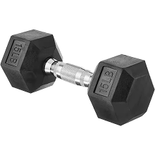 Black hexagonal 15-pound rubber coated dumbbell with textured silver handle.