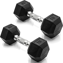 Pair of 15-pound black hexagonal dumbbells with silver handles on a white background.