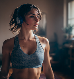 Young woman in a gray sports bra wearing headphones and looking to the side in a softly lit room.