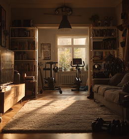Cozy living room with soft natural light, featuring a rug, sofa, exercise bike, and shelves filled with books and plants.