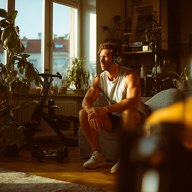 Muscular man wearing headphones and athletic wear resting on a bean bag in a sunlit room with indoor plants and exercise equipment.