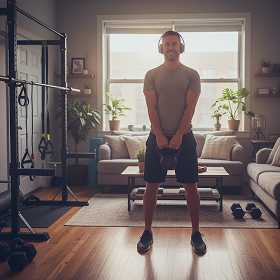 Man in workout clothes lifting a kettlebell in a cozy living room gym setup.