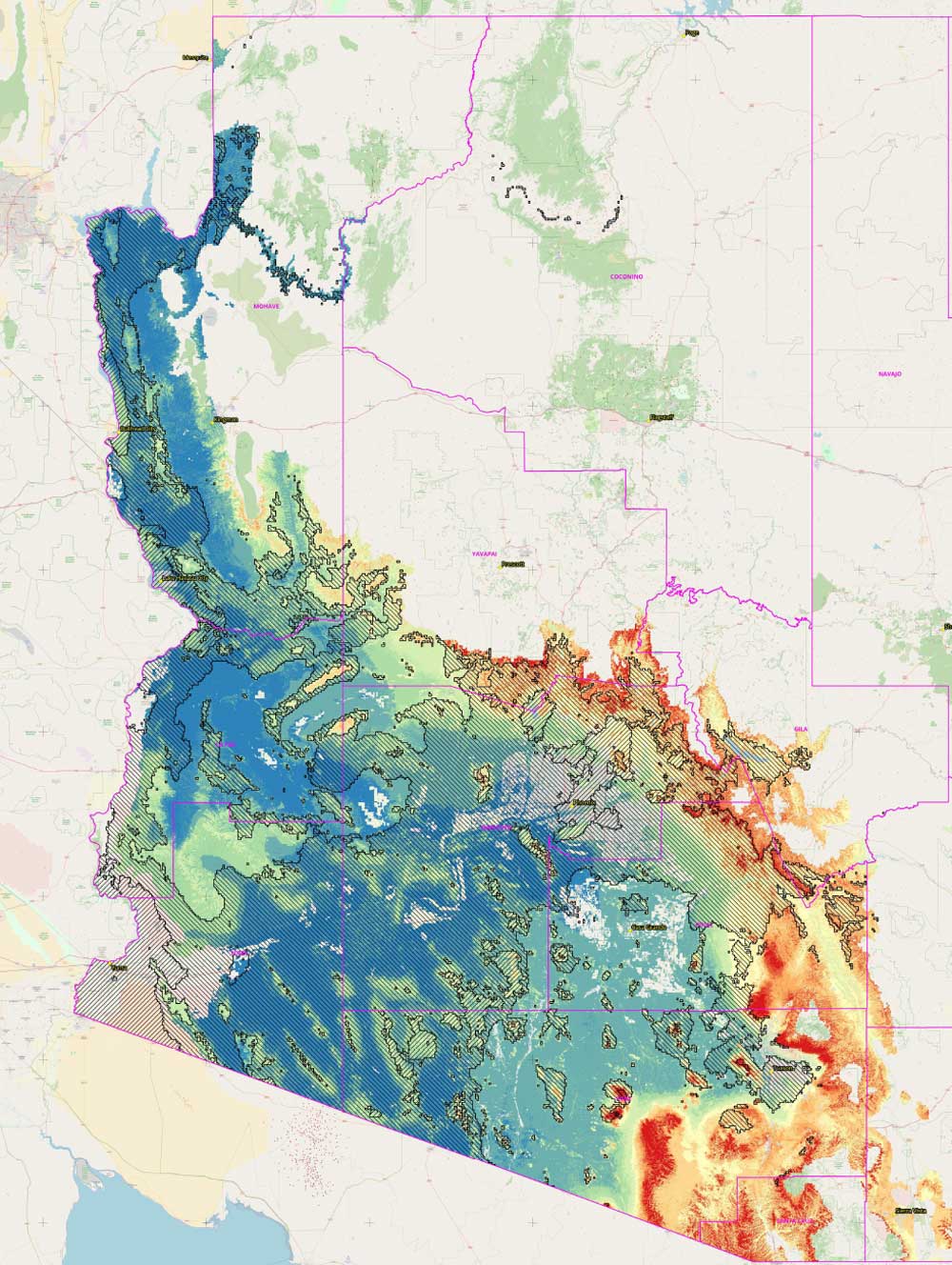 Colored suitability map of Arizona with regions marked by counties in shades from blue to red.