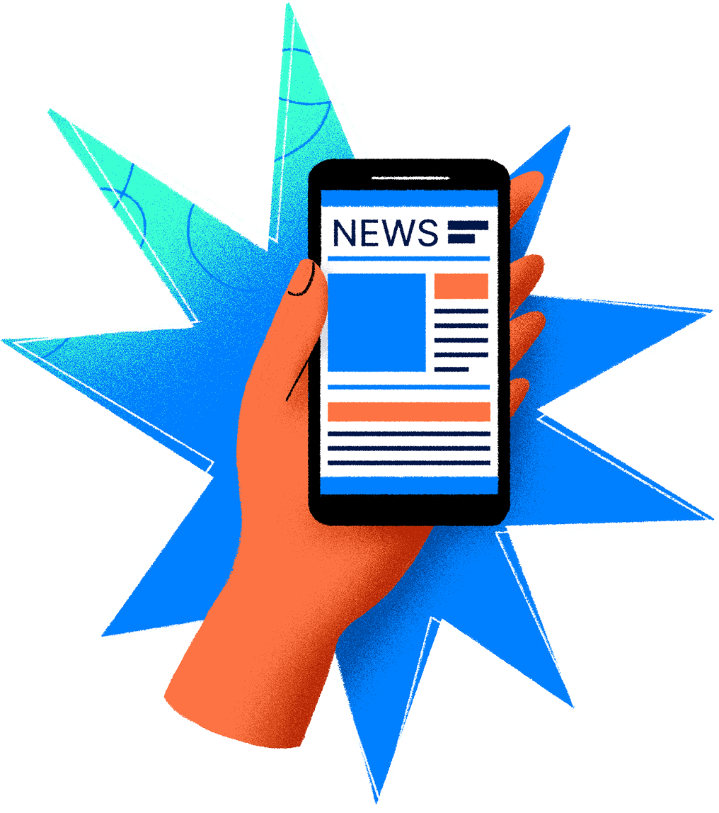 Illustration of a hand reading the news on a phone, with a visual graphic underneath