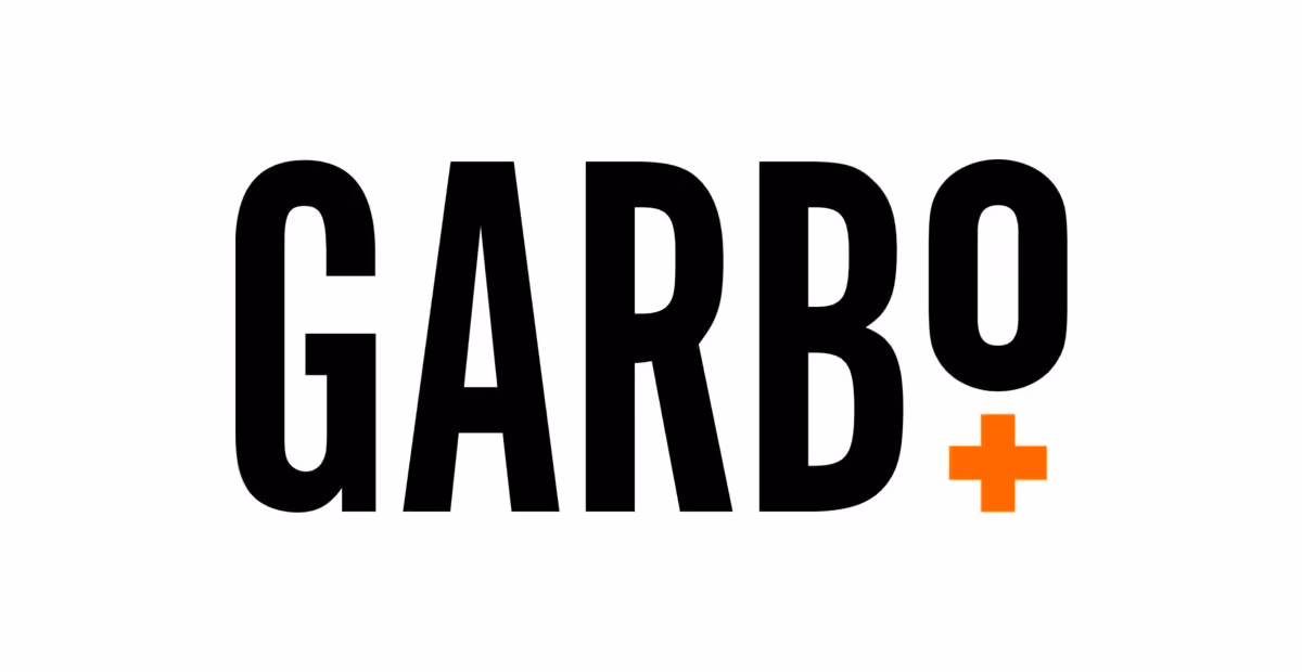 Logo of Garbo with the text 'GARBO' in bold black letters and a small orange plus sign.