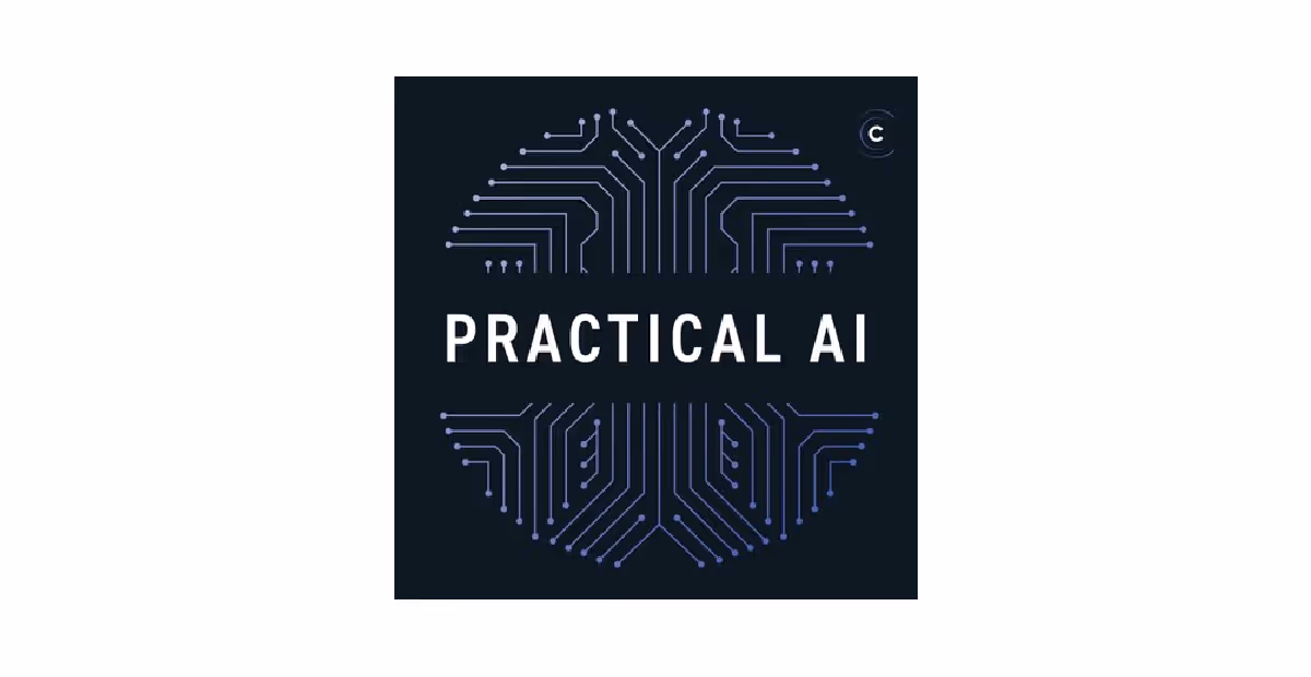 Practical AI podcast logo with circuit design elements.