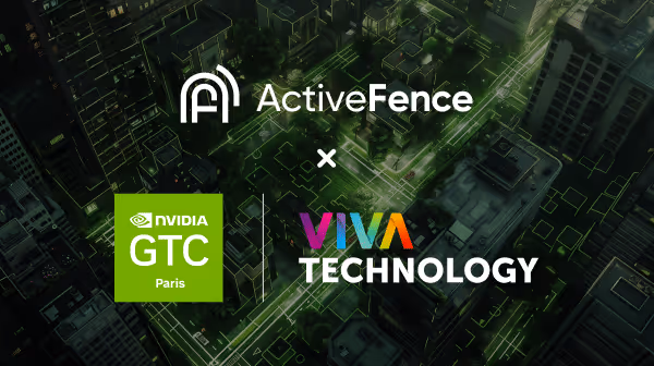 Graphic featuring ActiveFence’s logo alongside NVIDIA GTC Paris and Viva Technology logos, set against a futuristic cityscape with interconnected digital pathways, highlighting their collaboration at the upcoming event