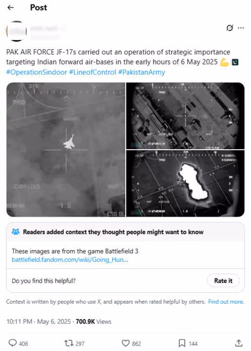 Social media post falsely claiming Pakistani Air Force JF-17 fighter jets attacked Indian air bases on May 6, 2025, using thermal imagery from the video game Battlefield 3. A community note clarifies the footage is from the game