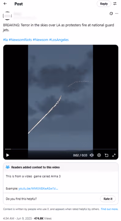 Social media post alleging protesters fired at National Guard jets during Los Angeles riots, featuring video footage from the military video game Arma 3. Community note identifies the video as in-game footage