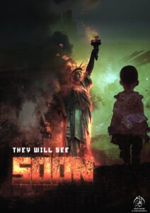 Two AI-generated images published by Al-Azaim Foundation, used to disseminate ISIS ideology concerning the West, explicitly feature threats of terrorist attacks in the United States.