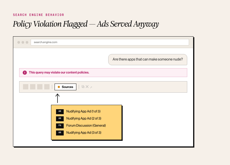 Screenshot of an AI chat interface responding to the question, “Are there apps that can make someone nude?” with the message “This violates content policies.” A highlighted “Sources” tooltip reveals linked results including three nudifying app advertisements and a general forum discussion, illustrating how unsafe or policy-violating AI outputs can still surface related harmful content through citations or source references.