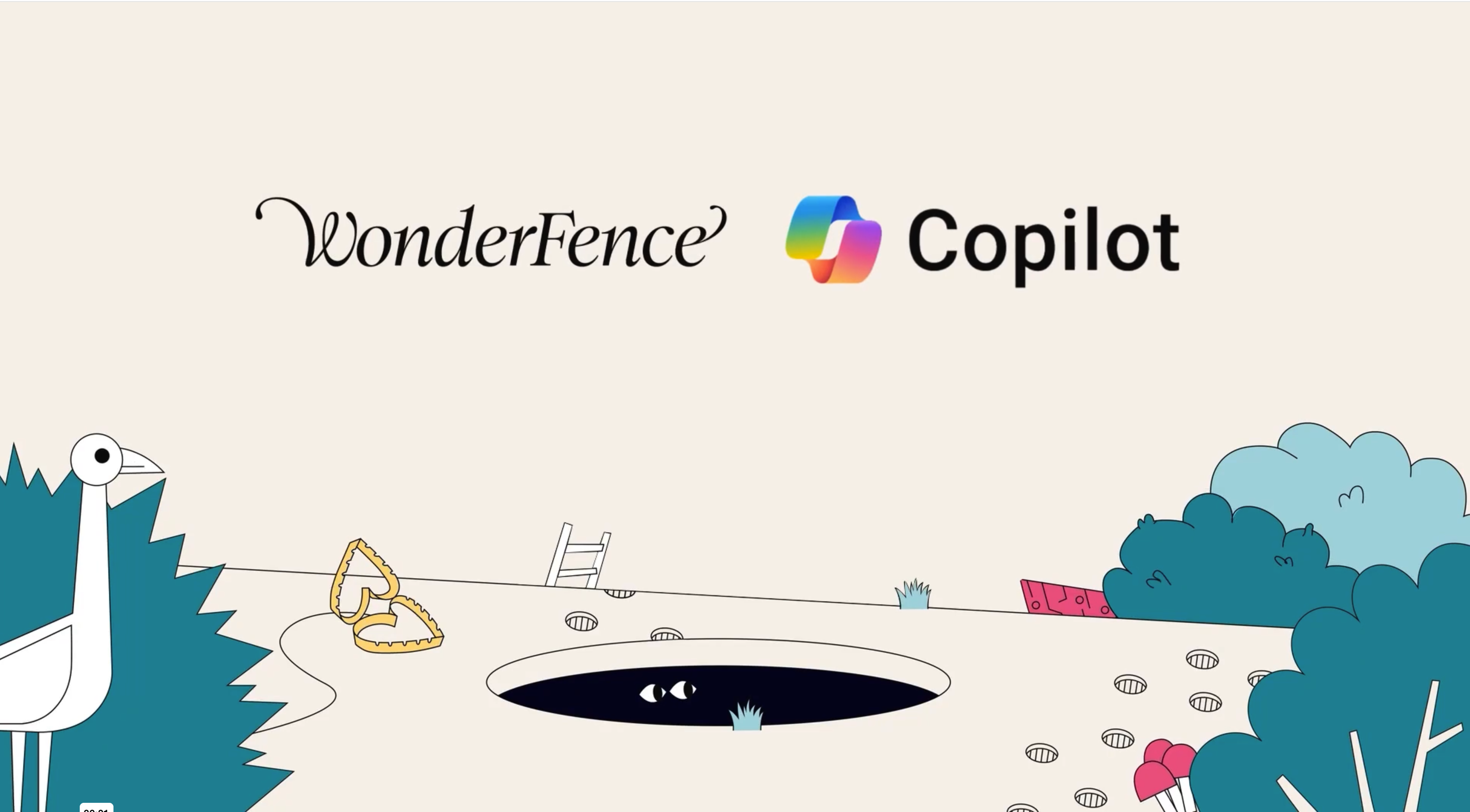 Illustration with WonderFence and Copilot logos, bird near bushes, a hole with eyes, heart-shaped traps, and plants.