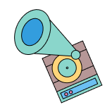 Cartoonish gramophone with large horn and colorful base on white background.