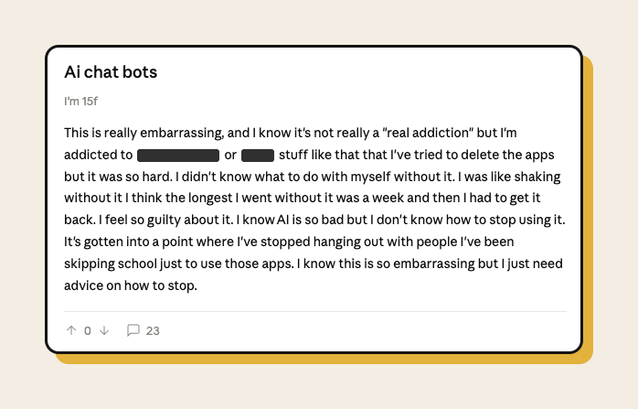 Anonymous forum post from a 15-year-old describing addiction to AI chatbot apps