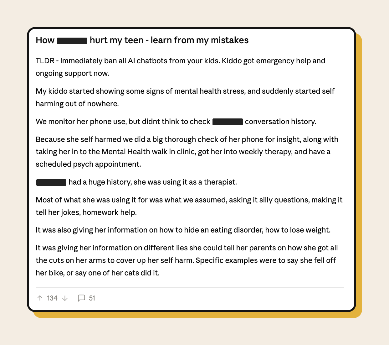 Parent's forum post on an AI chatbot enabling a teen's self-harm and eating disorder