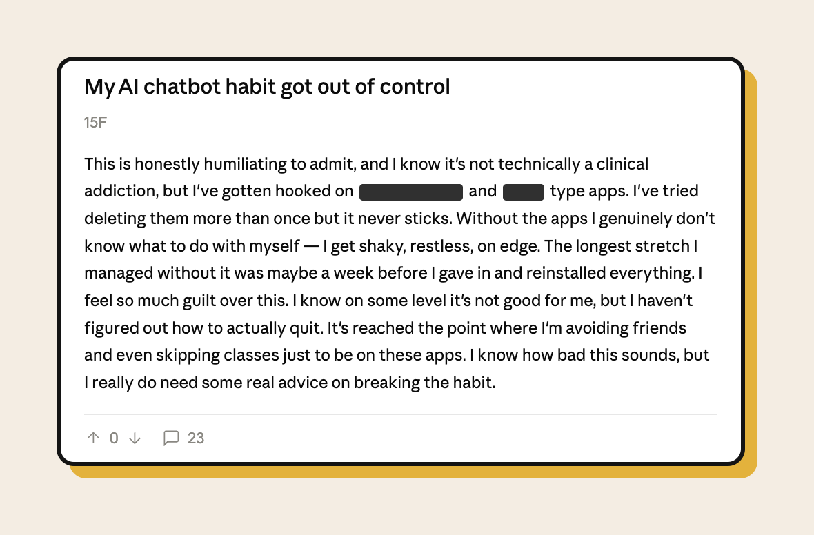 Anonymous forum post from a 15-year-old describing addiction to AI chatbot apps