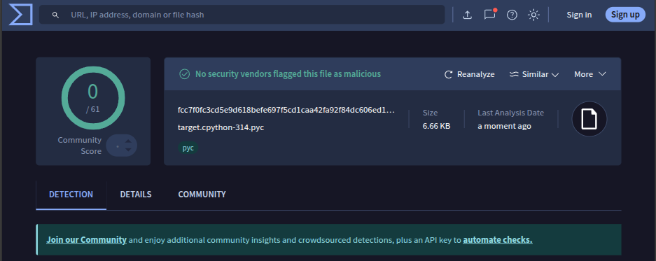 VirusTotal reports 0/70 detections on the same .pyc