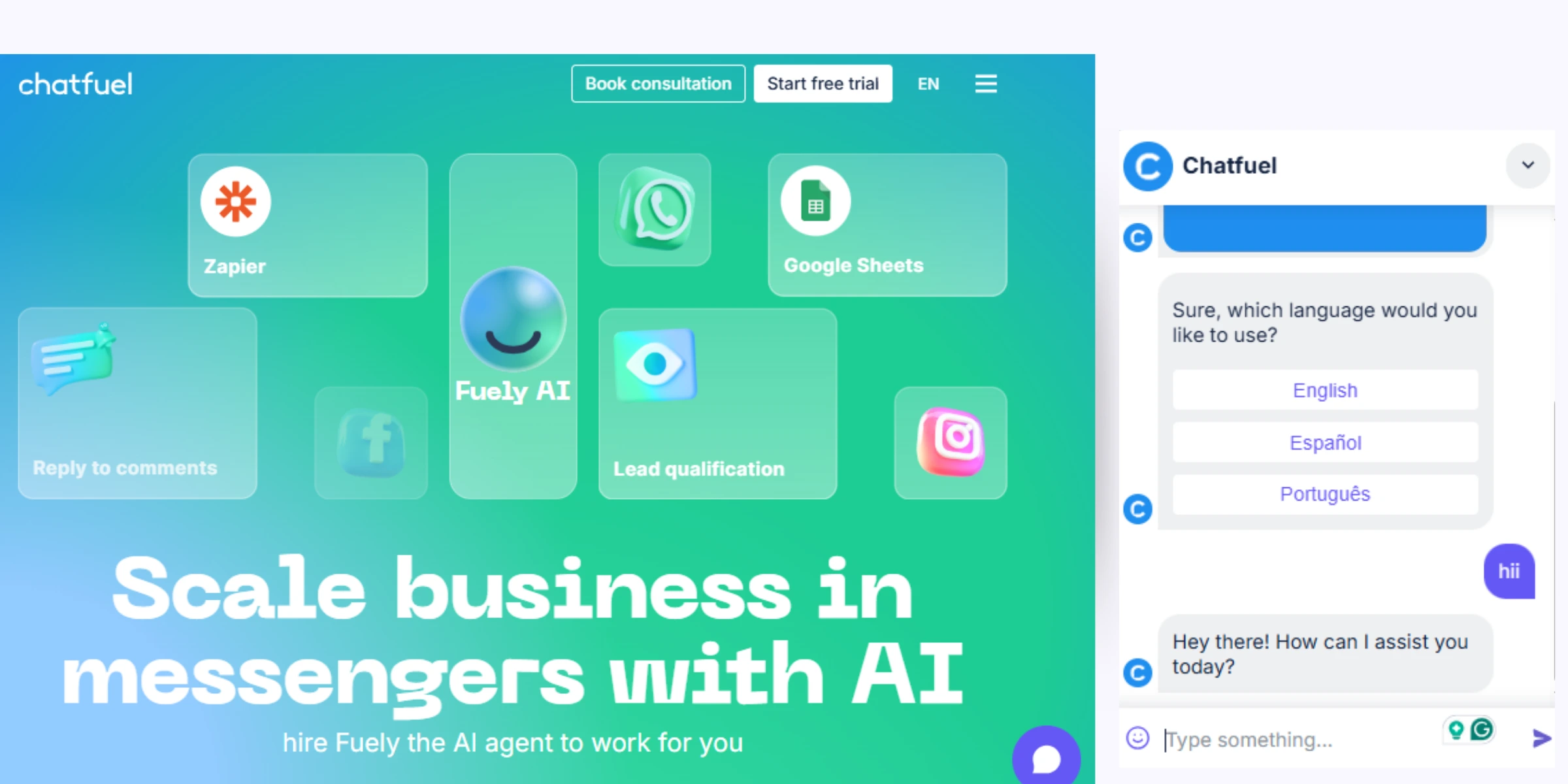 home page of Chatfuel