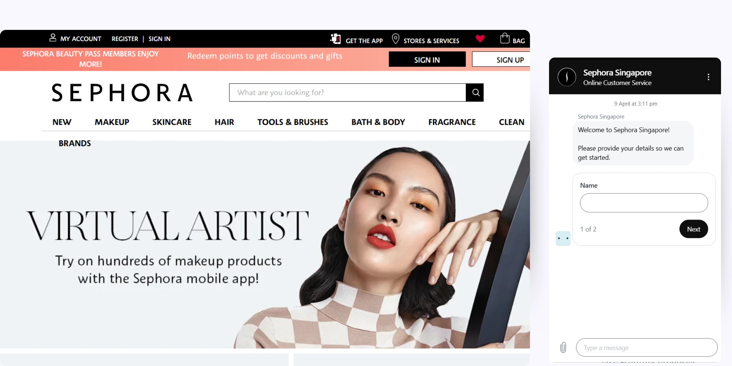 home page of Sephora