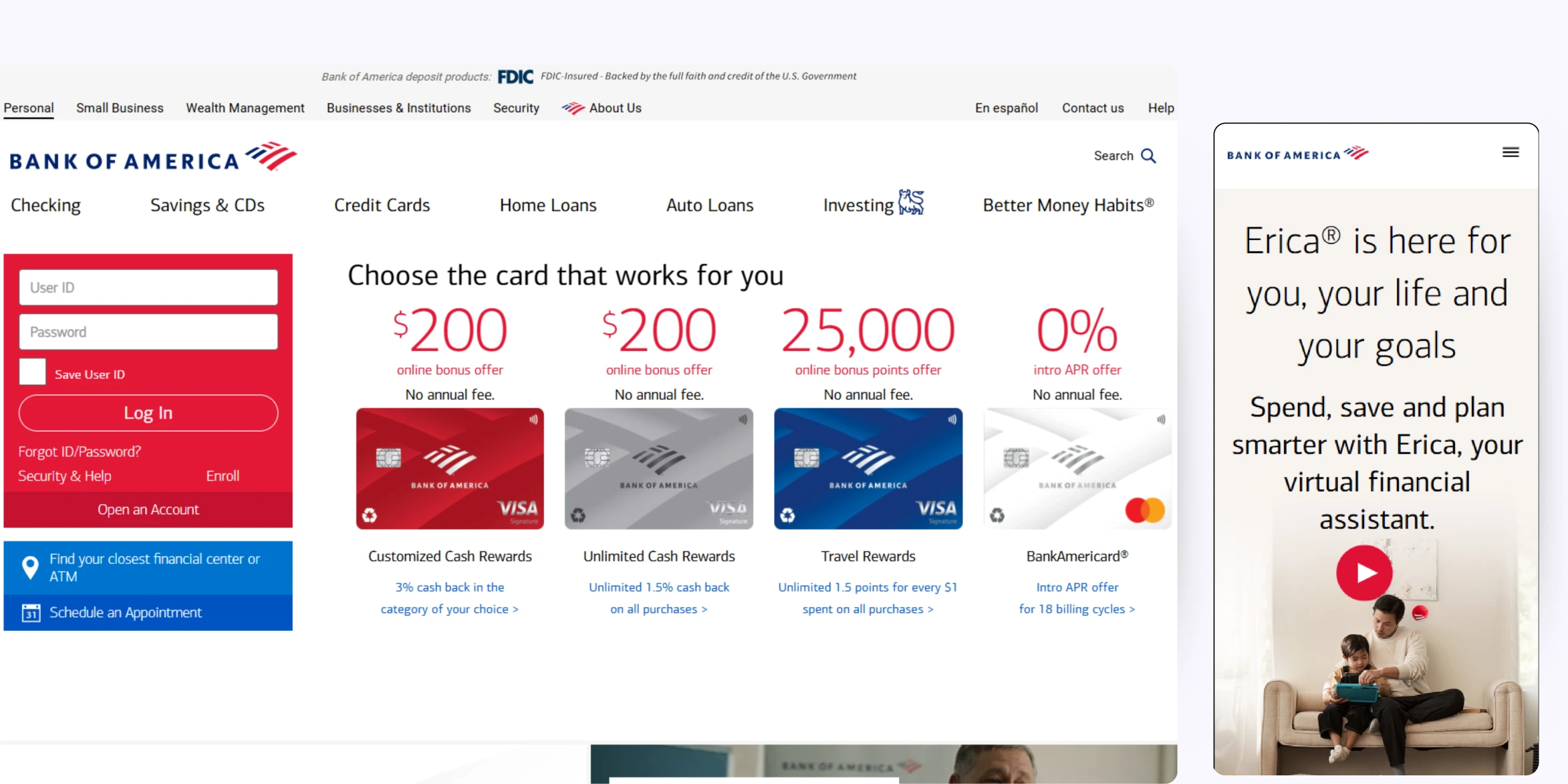 home page of Bank of America
