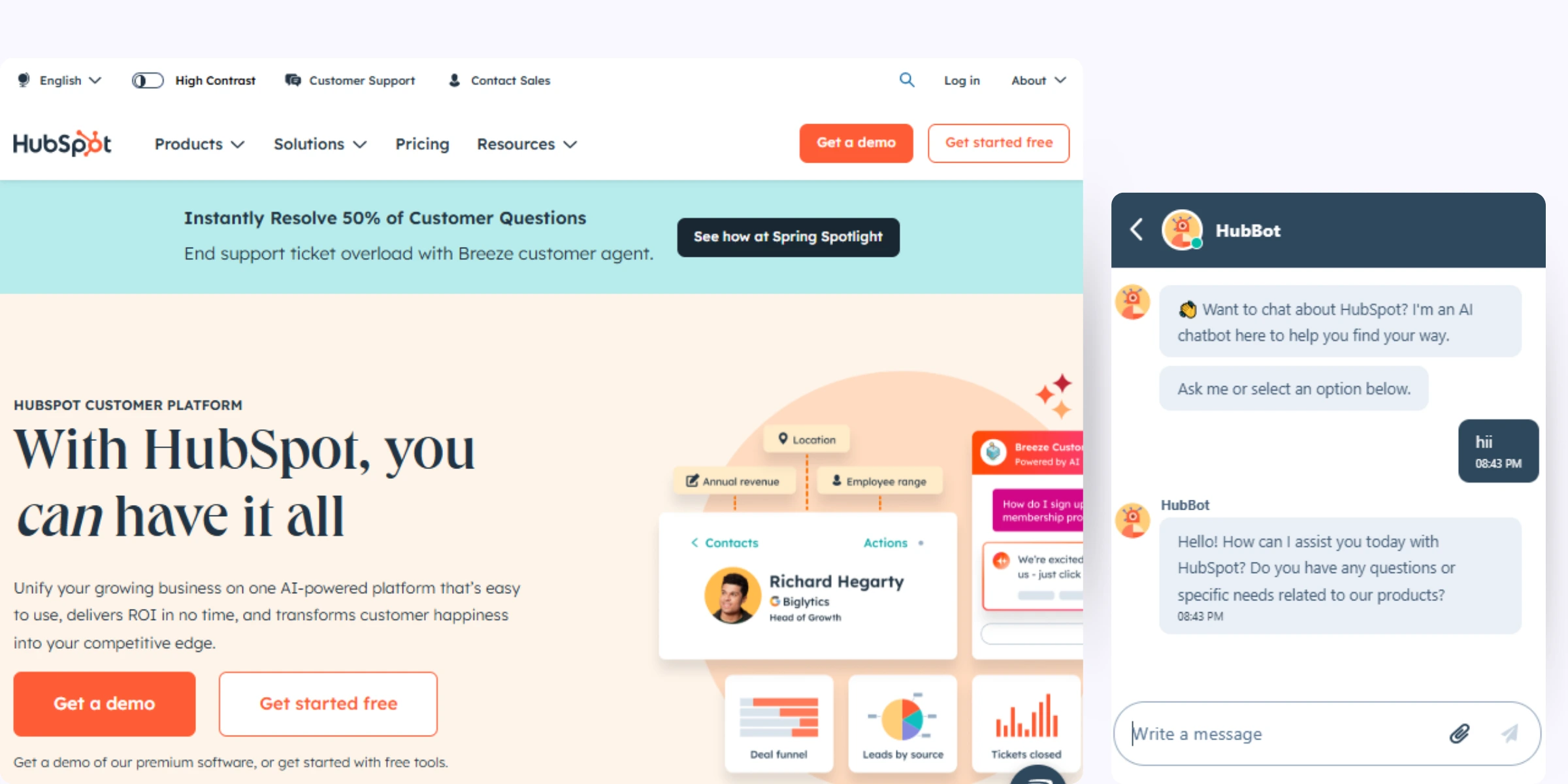 home page of HubSpot Chatbot Builder