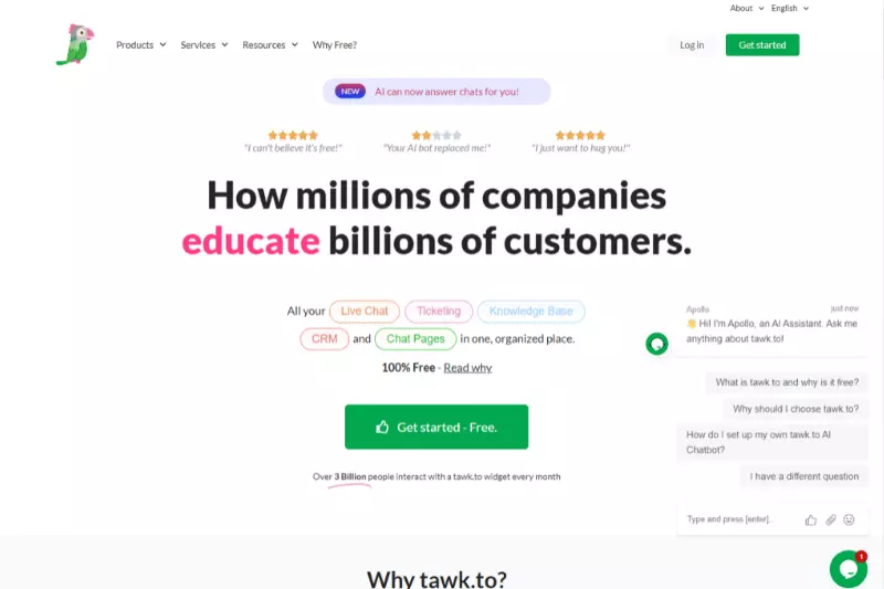 home page of Tawk.to