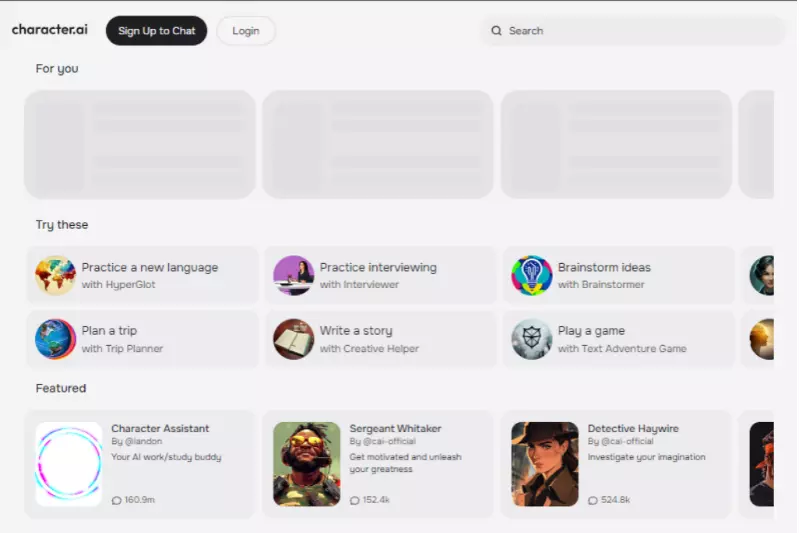 home page of character.ai