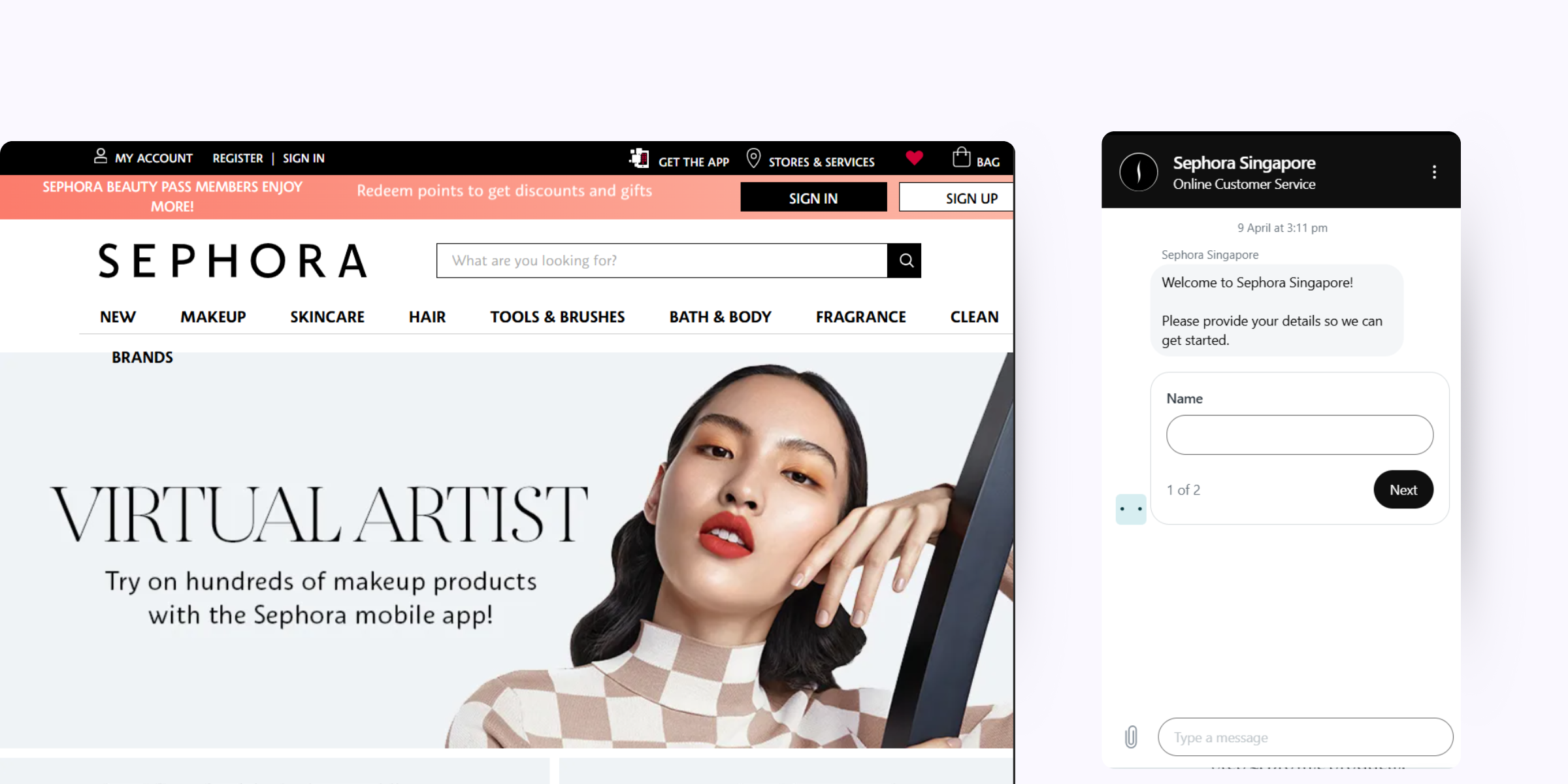 home page of Sephora’s Virtual Artist