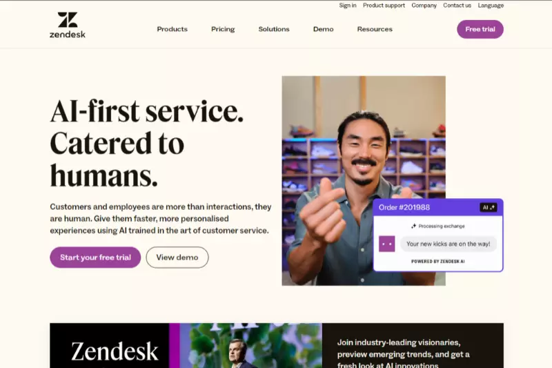 home page of Zendesk