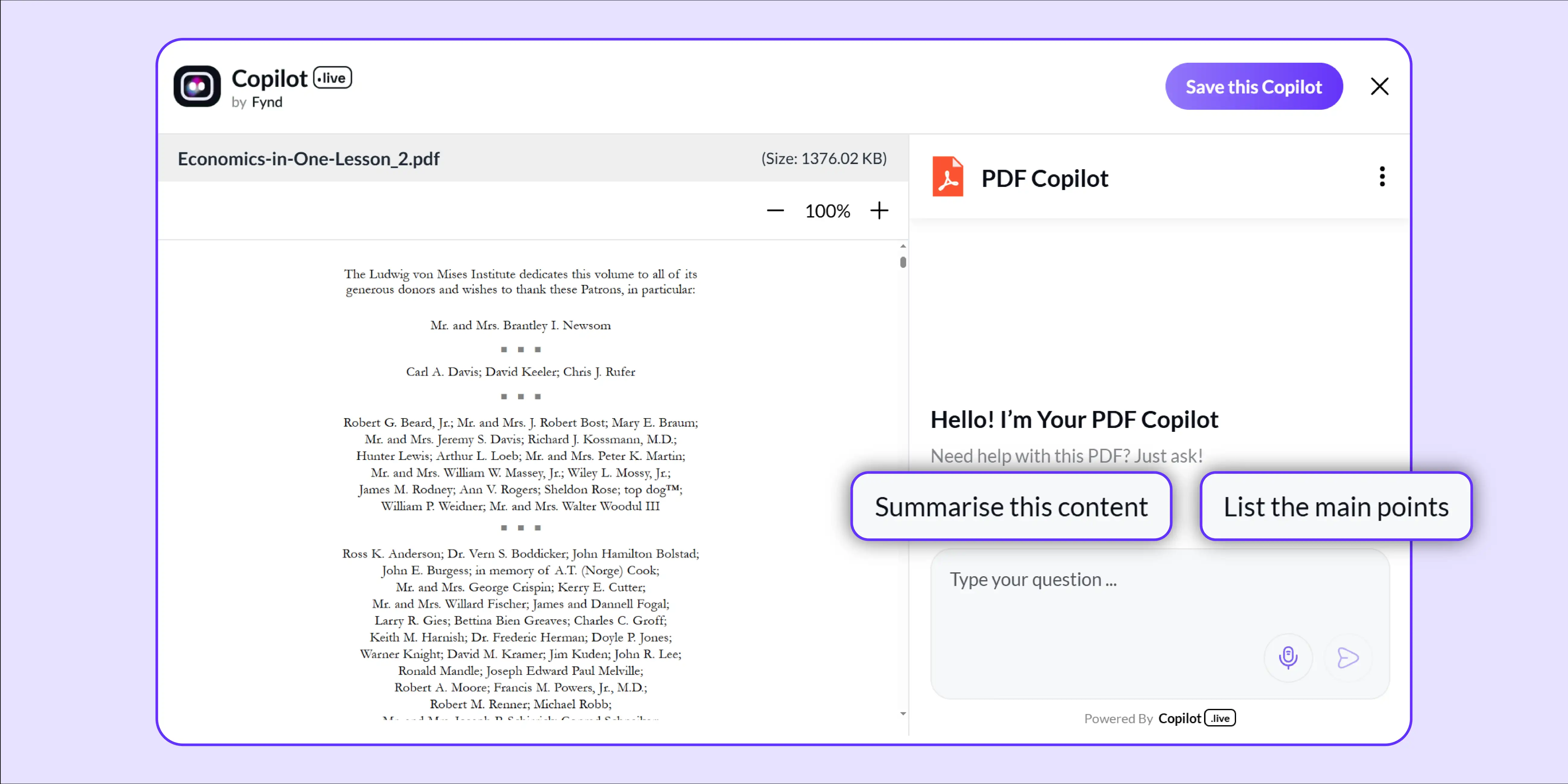 For better analysis, Copilot.live gives options on summarizing and finding the key points in the document.