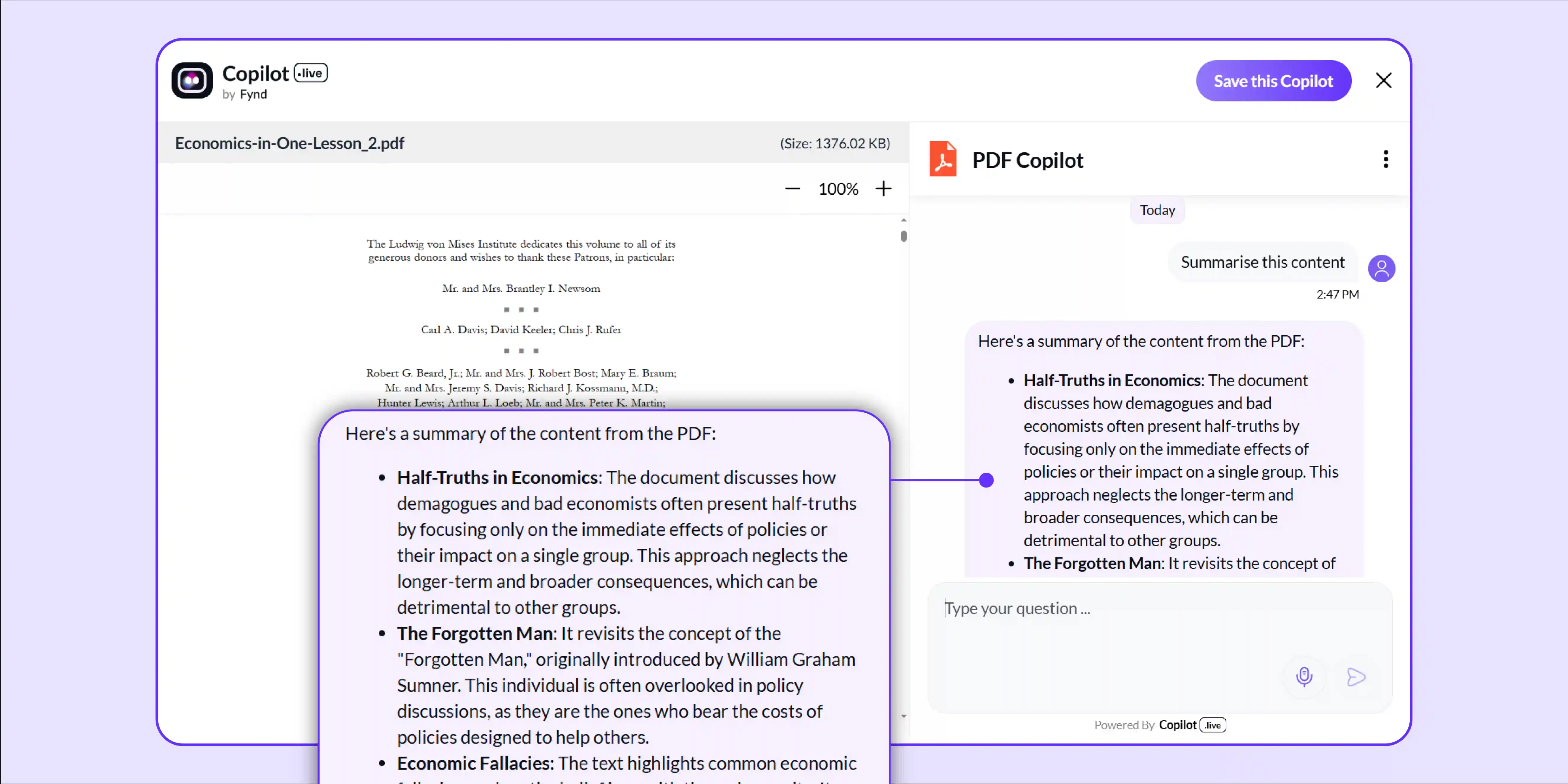 Choose one option and let Copilot.live’s PDF chat tool guide you through understanding the document. 