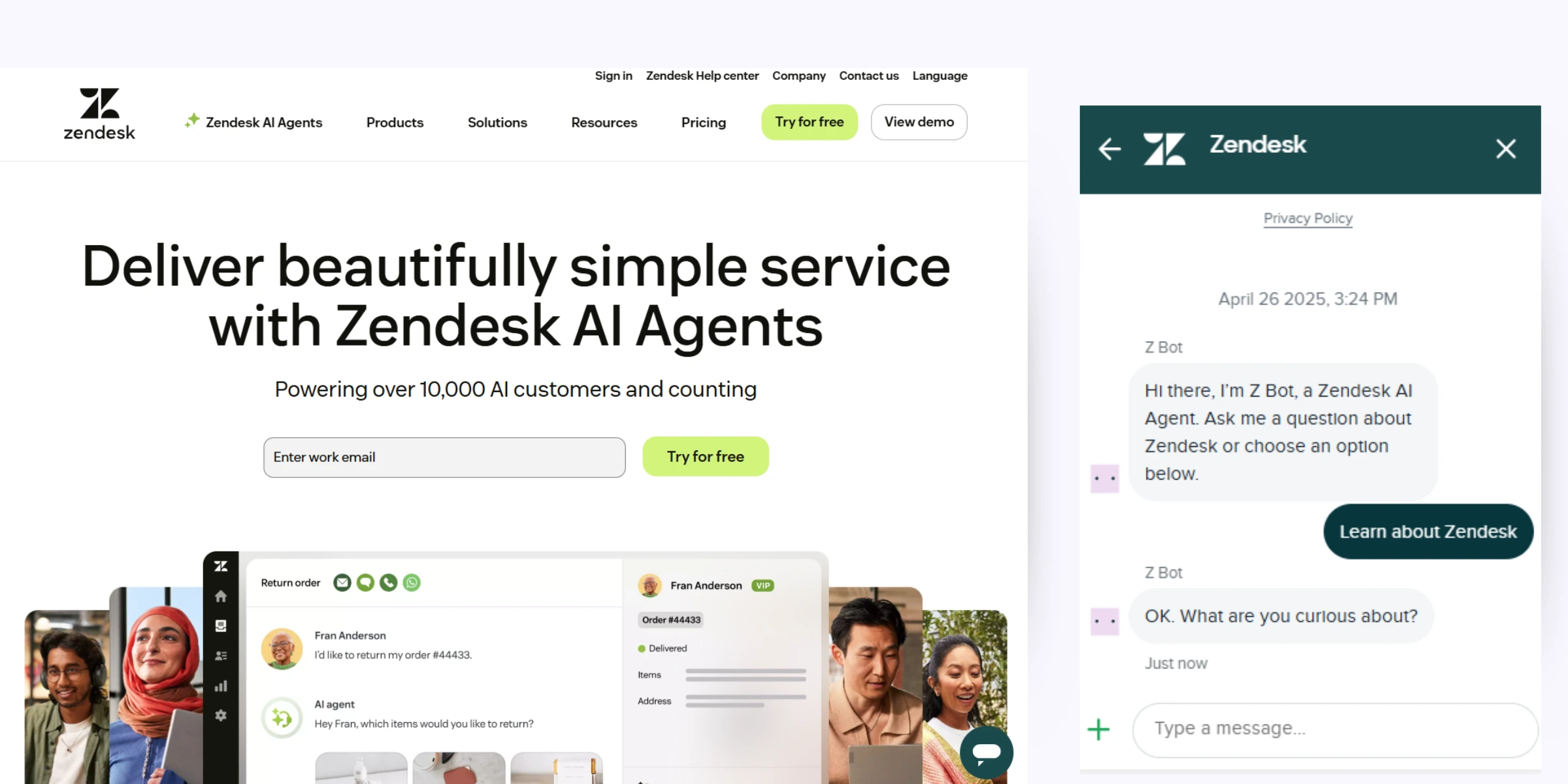home page of Zendesk chat