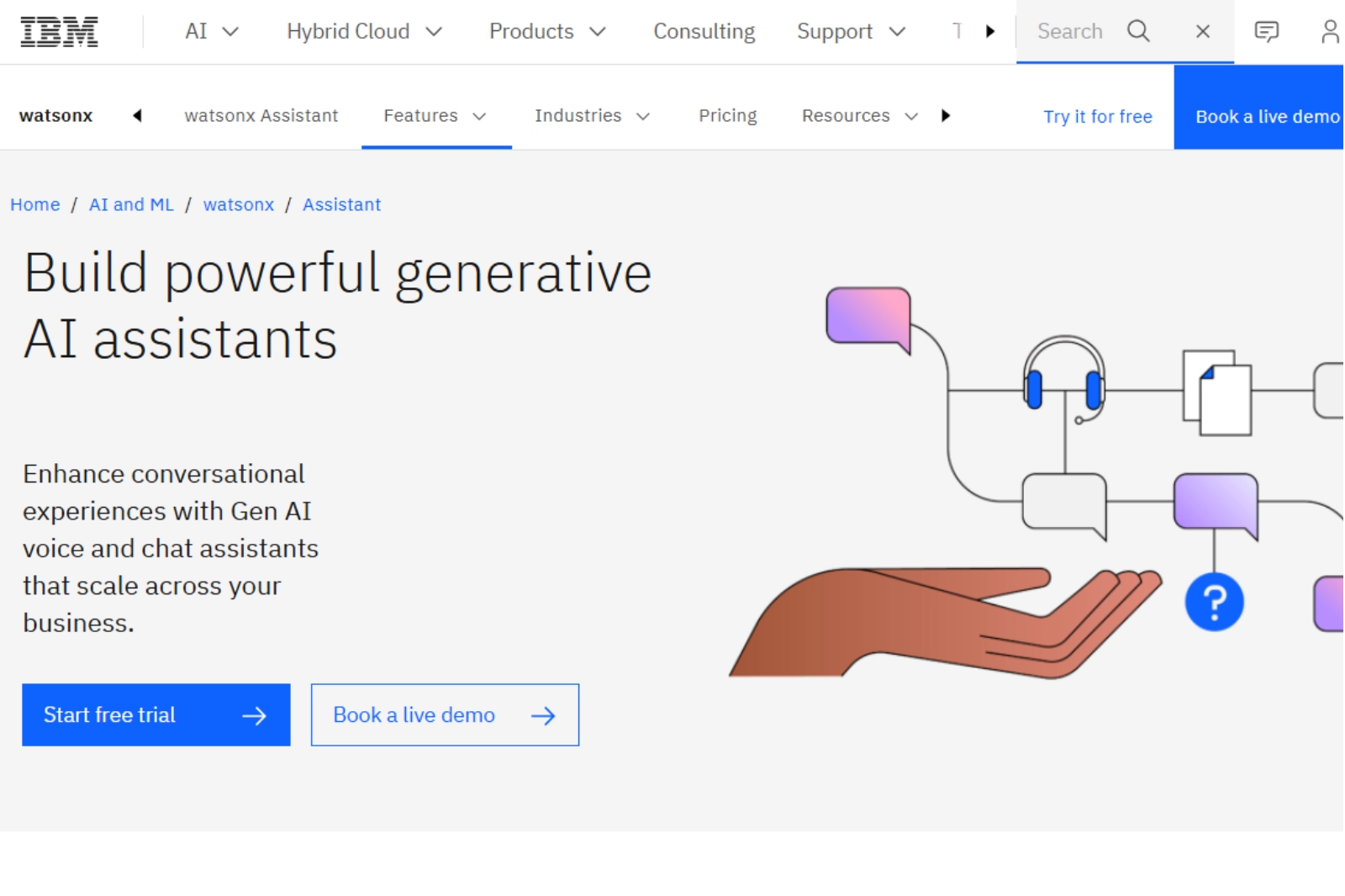 home page of IBM Watsonx Assistant