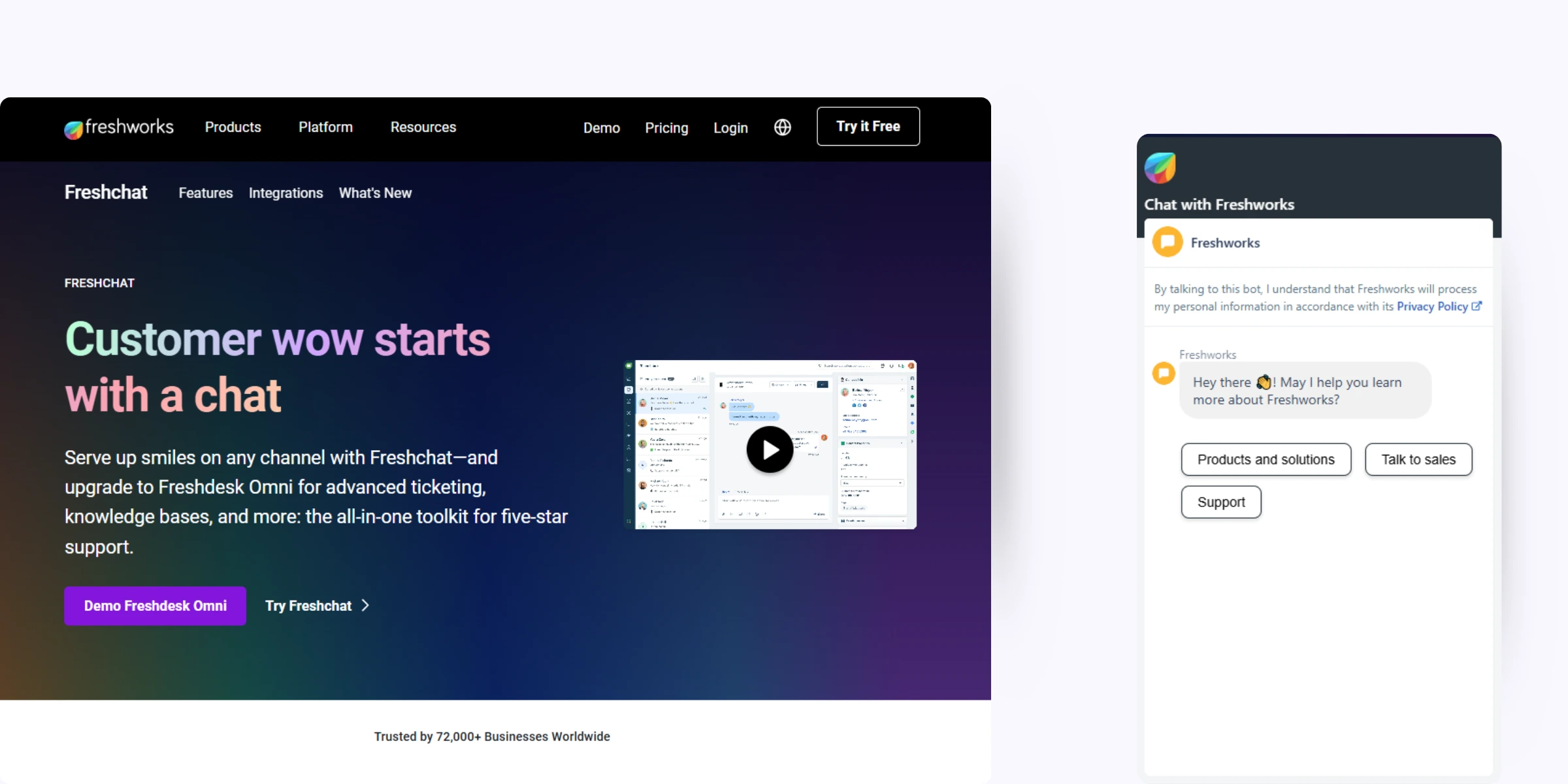 home page of Freshchat (Freshworks)