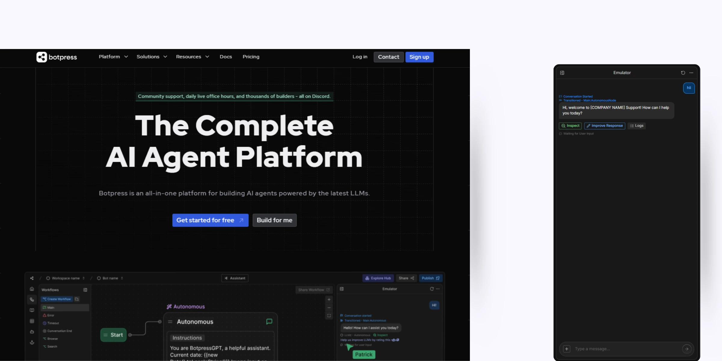 home page of Botpress‍