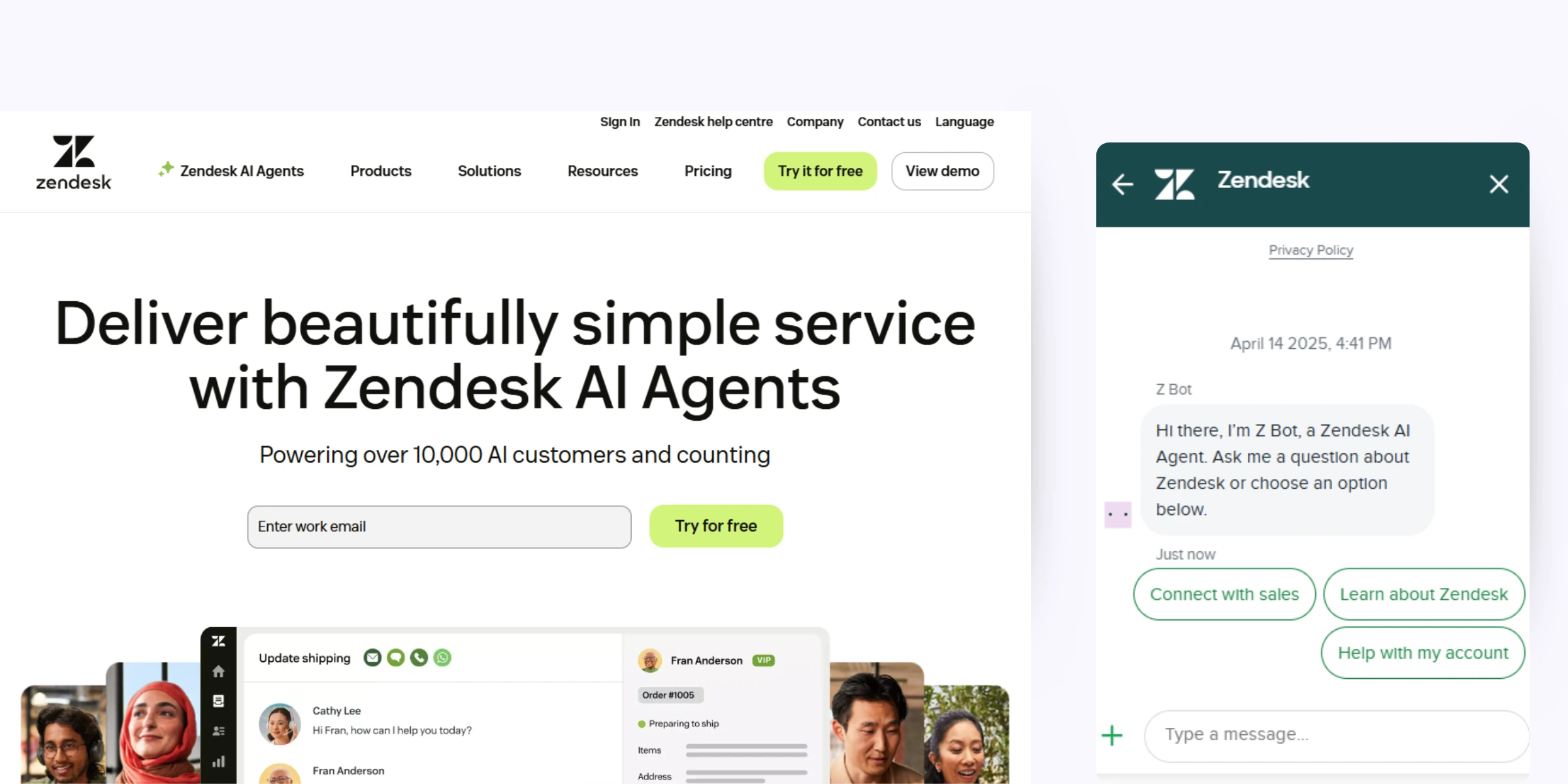 home page of Zendesk Answer Bot