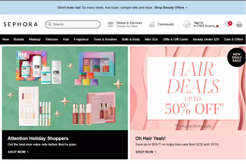 home page of sephora
