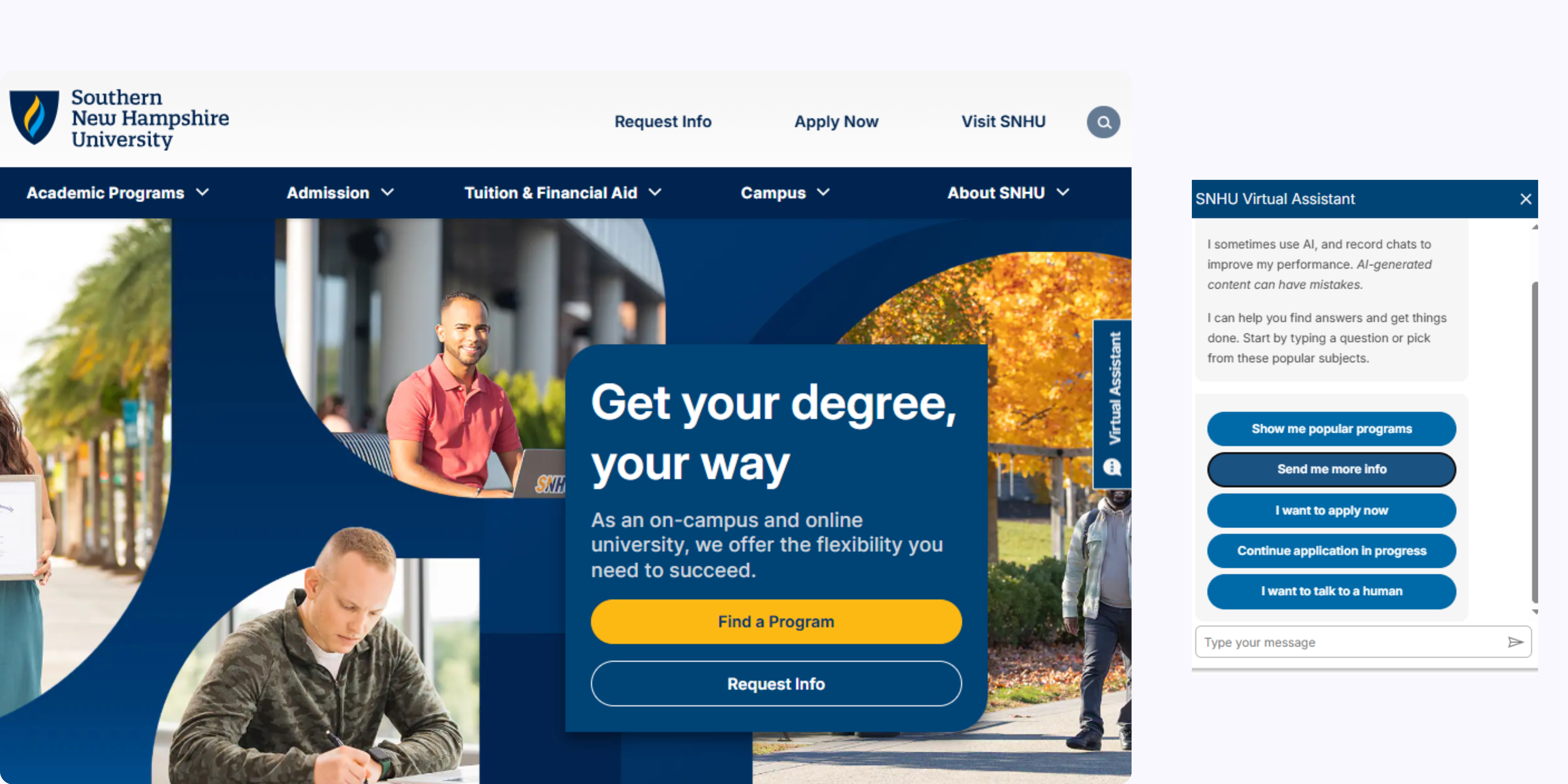 home page of Southern New Hampshire University