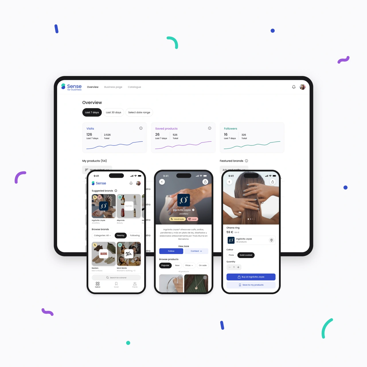 Digital dashboard on a tablet showing business overview metrics with three smartphone screens in front displaying a shopping app interface featuring brands and jewelry products.