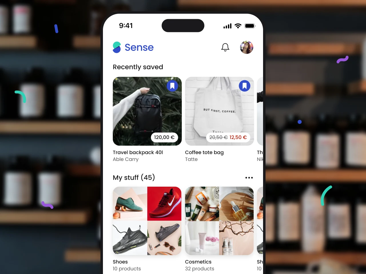 Mobile app interface of Sense showing recently saved items including a travel backpack priced at 120 euros and a coffee tote bag discounted to 12.50 euros, plus categories for shoes and cosmetics in 'My stuff' section.